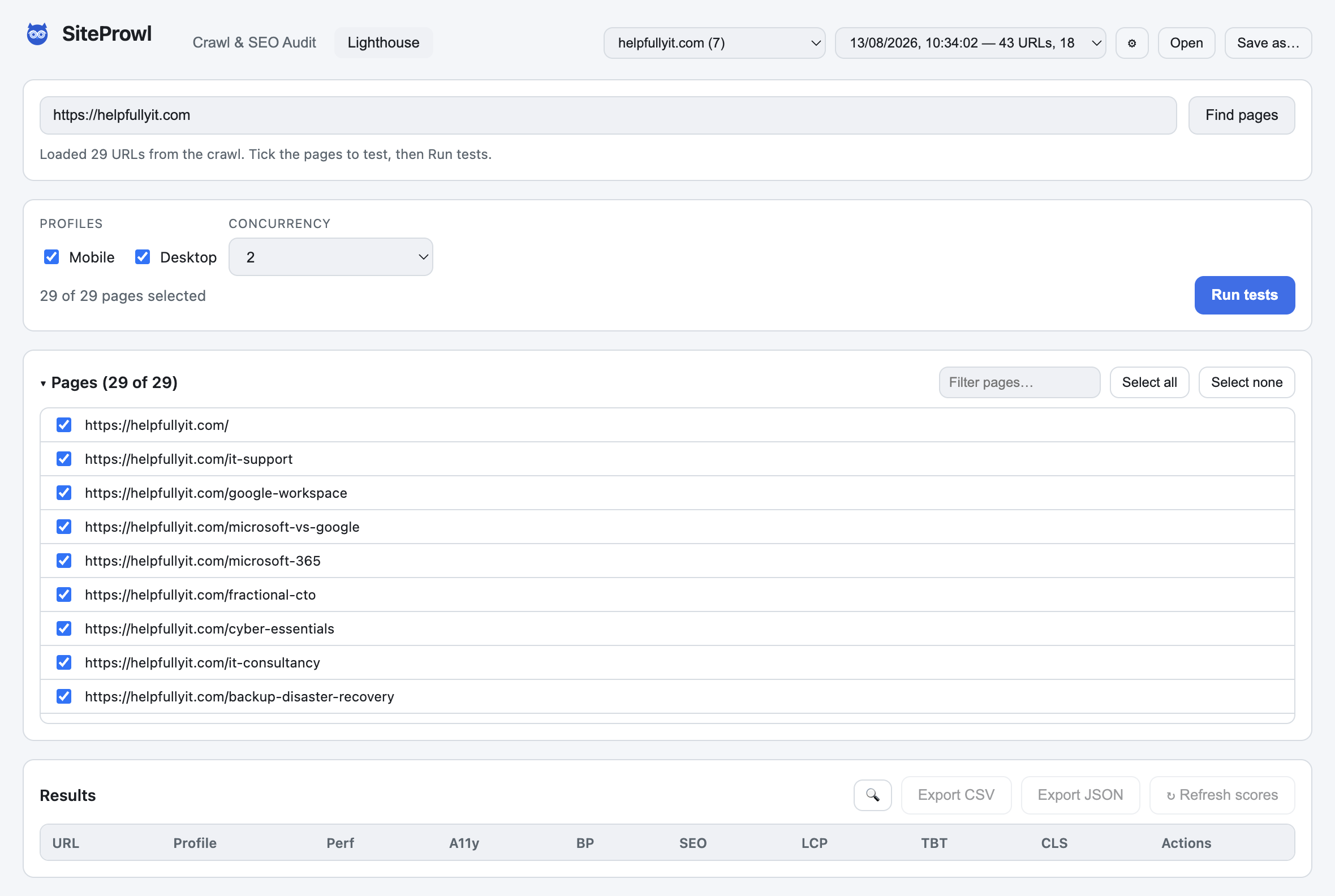SiteProwl Lighthouse view with pages loaded from a crawl, mobile and desktop profiles selected, ready to run speed tests